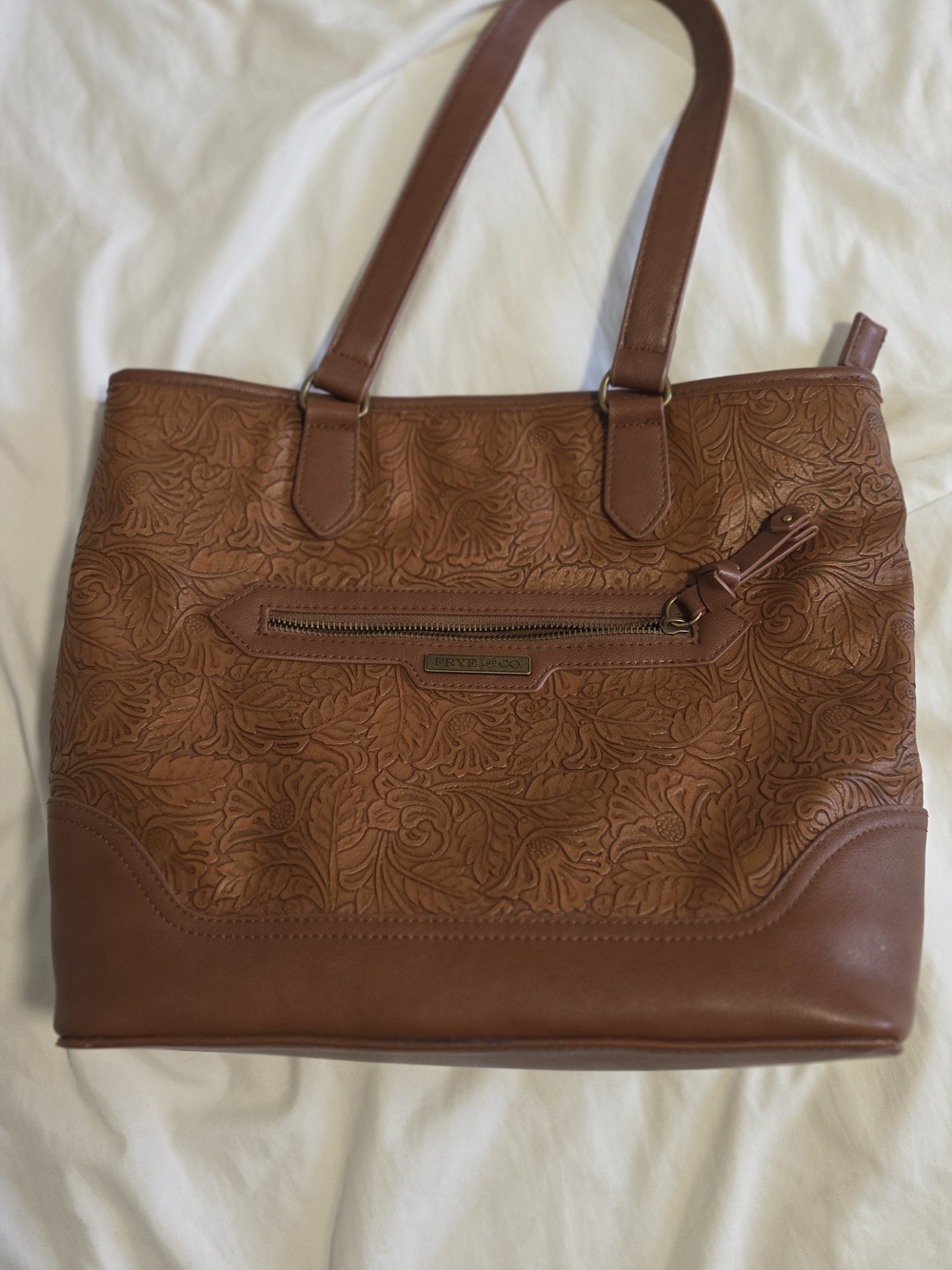 FRYE AND CO. Caramel Brown Floral-Embossed Leather Tote Bag